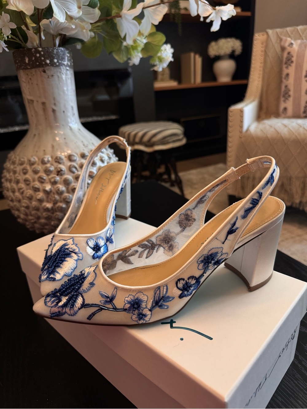 Betsey Johnson White Slingback Pumps with Blue Floral Embroidery - Picture 2 of 10